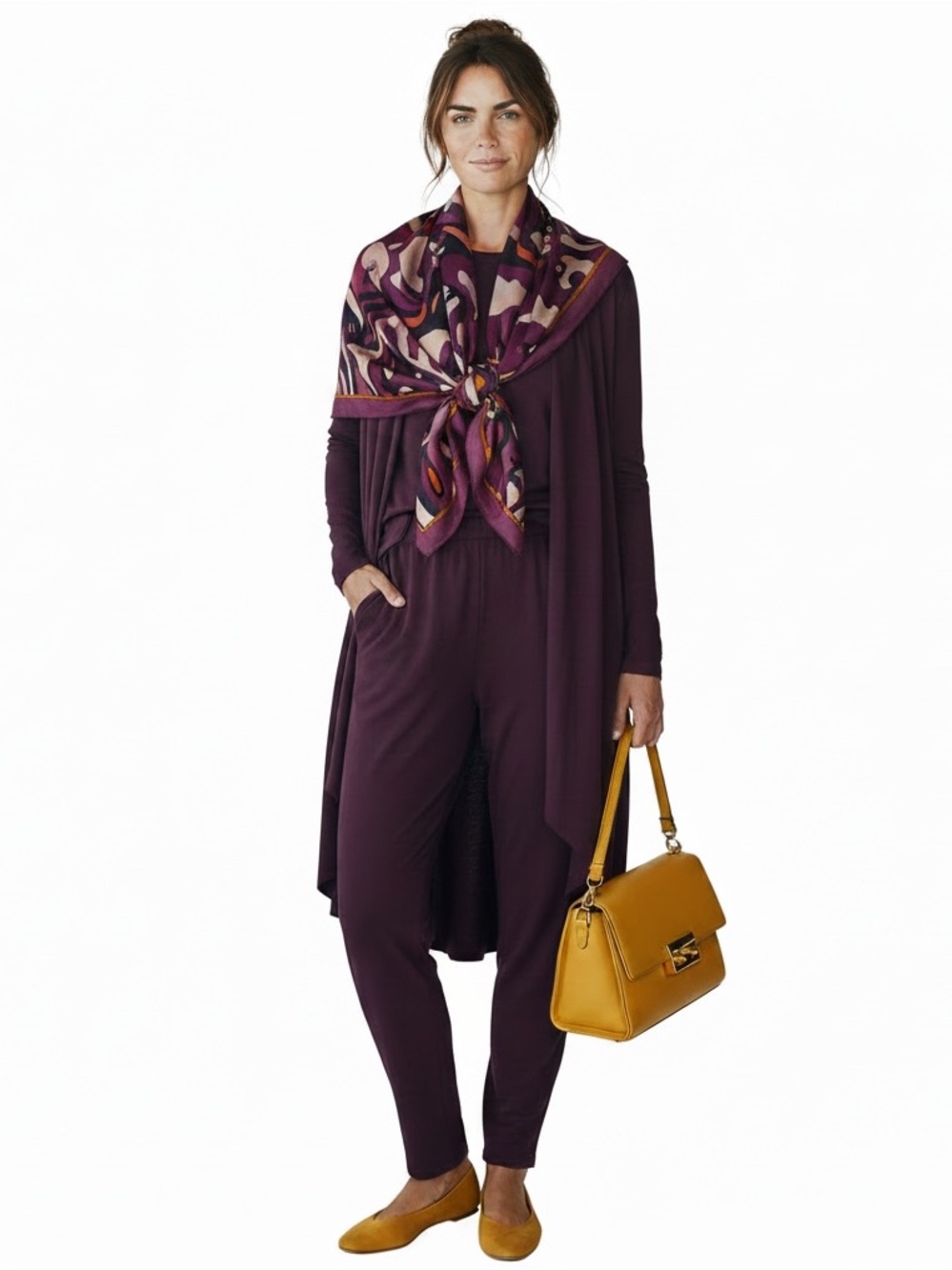 Eileen Fisher 3PC Lounge Set L Silk Cashmere Cardigan Tencel Pant/Top Brown Plum